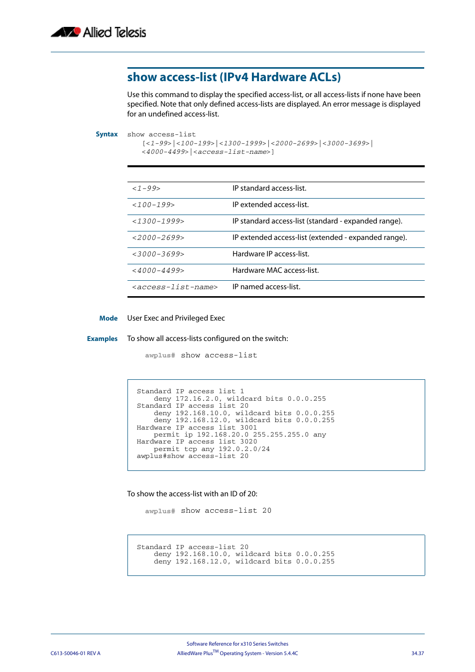 Show access-list (ipv4 hardware acls) | Allied Telesis AlliedWare Plus Operating System Version 5.4.4C (x310-26FT,x310-26FP,x310-50FT,x310-50FP) User Manual | Page 883 / 2220