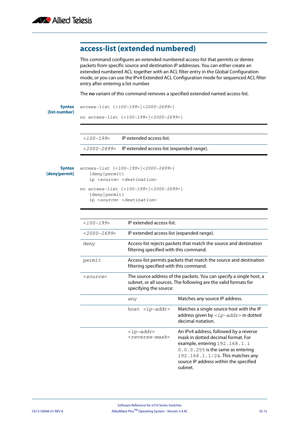 Access-list (extended numbered) | Allied Telesis AlliedWare Plus Operating System Version 5.4.4C (x310-26FT,x310-26FP,x310-50FT,x310-50FP) User Manual | Page 899 / 2220