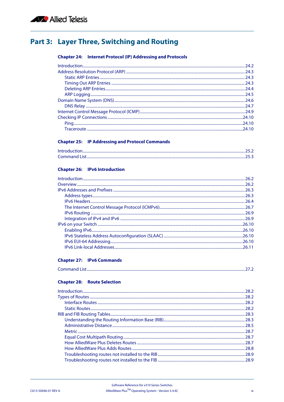 Part 3: layer three, switching and routing | Allied Telesis AlliedWare Plus Operating System Version 5.4.4C (x310-26FT,x310-26FP,x310-50FT,x310-50FP) User Manual | Page 9 / 2220