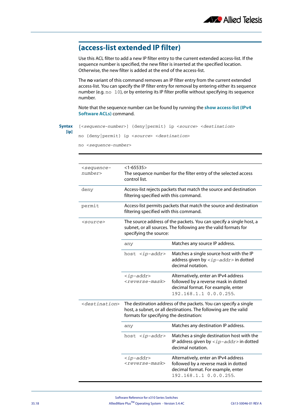 Access-list extended ip filter) | Allied Telesis AlliedWare Plus Operating System Version 5.4.4C (x310-26FT,x310-26FP,x310-50FT,x310-50FP) User Manual | Page 904 / 2220