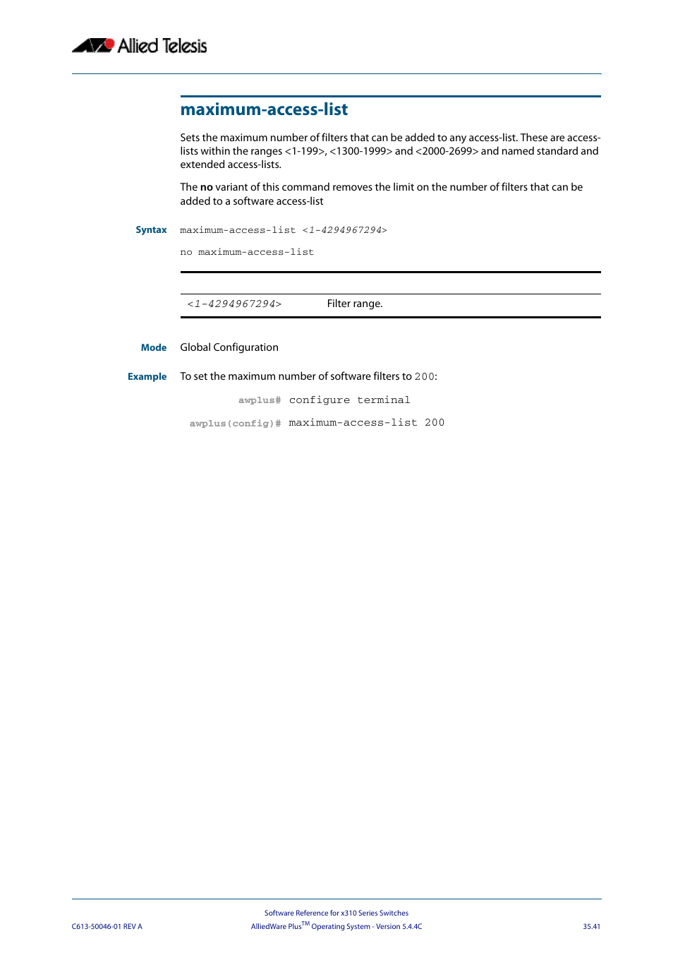 Maximum-access-list | Allied Telesis AlliedWare Plus Operating System Version 5.4.4C (x310-26FT,x310-26FP,x310-50FT,x310-50FP) User Manual | Page 927 / 2220