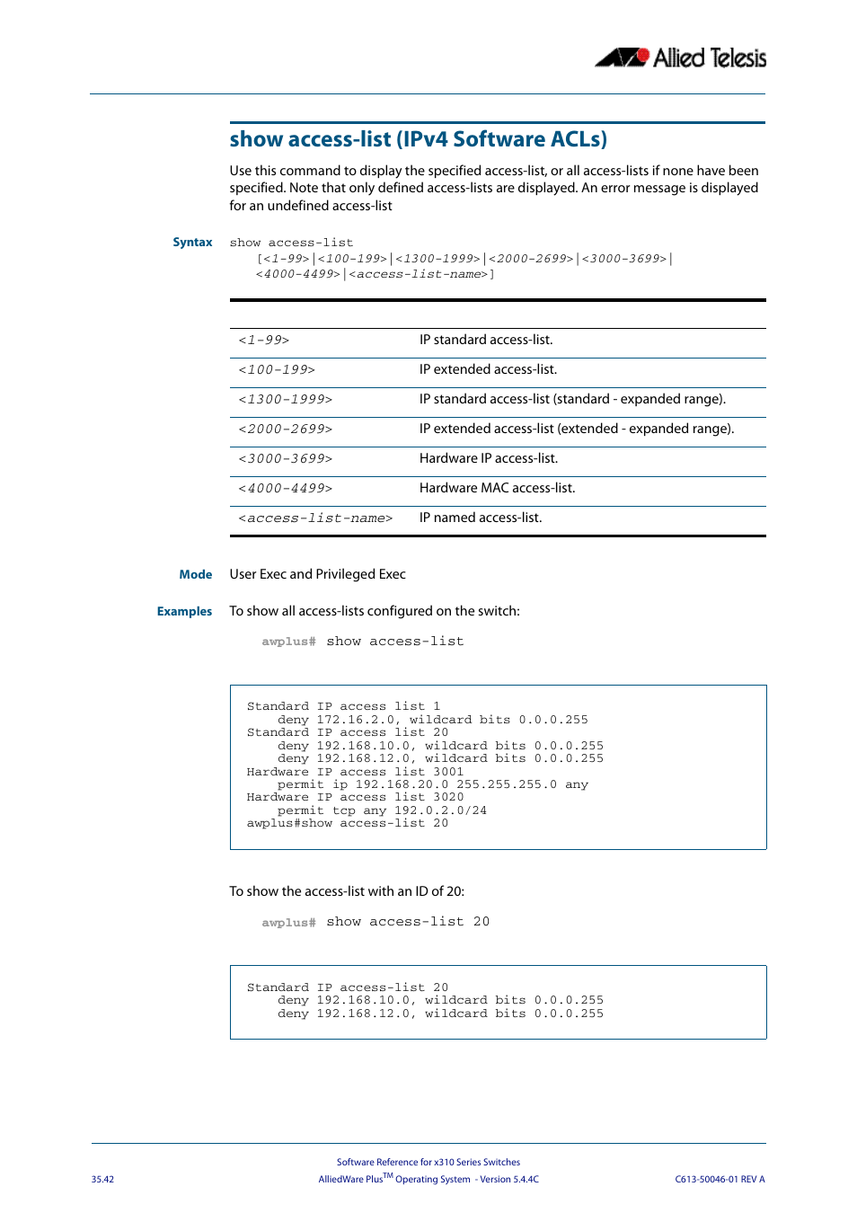 Show access-list (ipv4 software acls), Running the, Show access-list (ipv4 | Software acls) | Allied Telesis AlliedWare Plus Operating System Version 5.4.4C (x310-26FT,x310-26FP,x310-50FT,x310-50FP) User Manual | Page 928 / 2220
