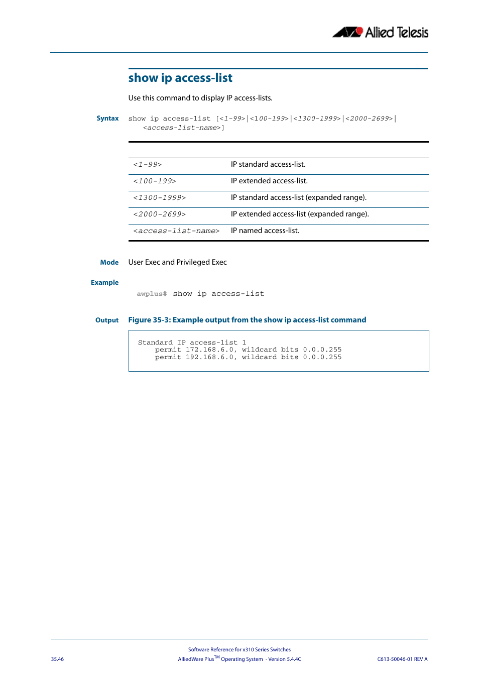 Show ip access-list | Allied Telesis AlliedWare Plus Operating System Version 5.4.4C (x310-26FT,x310-26FP,x310-50FT,x310-50FP) User Manual | Page 932 / 2220