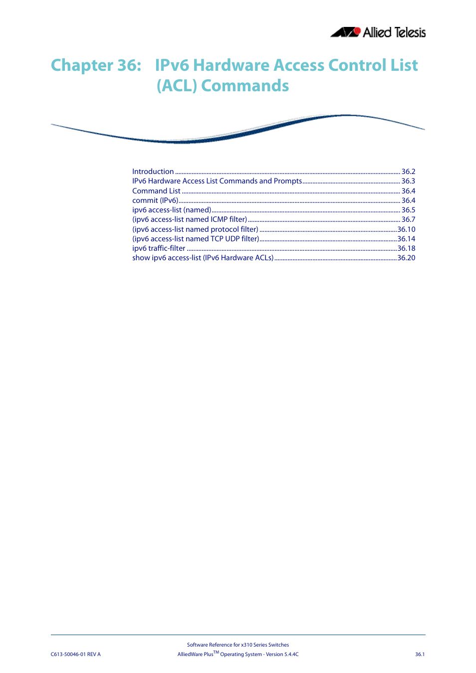 Chapter 36, Ipv6 hardware access control list (acl) commands, Chapter 36 ipv6 hardware access control list (acl) | Commands | Allied Telesis AlliedWare Plus Operating System Version 5.4.4C (x310-26FT,x310-26FP,x310-50FT,x310-50FP) User Manual | Page 933 / 2220