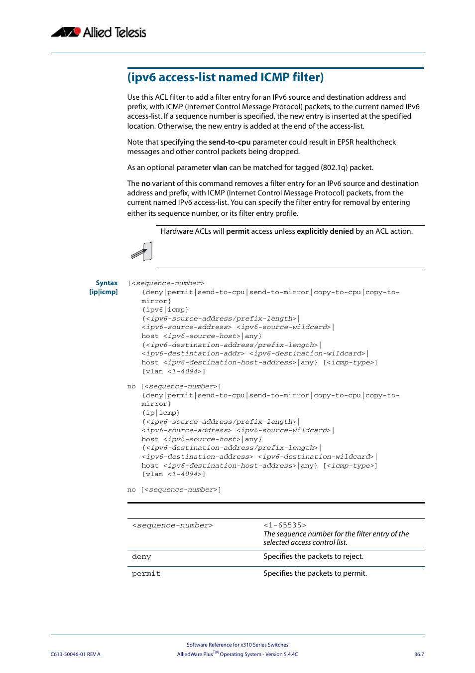 Ipv6 access-list named icmp filter) | Allied Telesis AlliedWare Plus Operating System Version 5.4.4C (x310-26FT,x310-26FP,x310-50FT,x310-50FP) User Manual | Page 939 / 2220