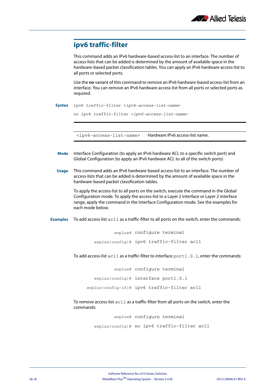 Ipv6 traffic-filter, Ipv6 traffic, Filter | Allied Telesis AlliedWare Plus Operating System Version 5.4.4C (x310-26FT,x310-26FP,x310-50FT,x310-50FP) User Manual | Page 950 / 2220