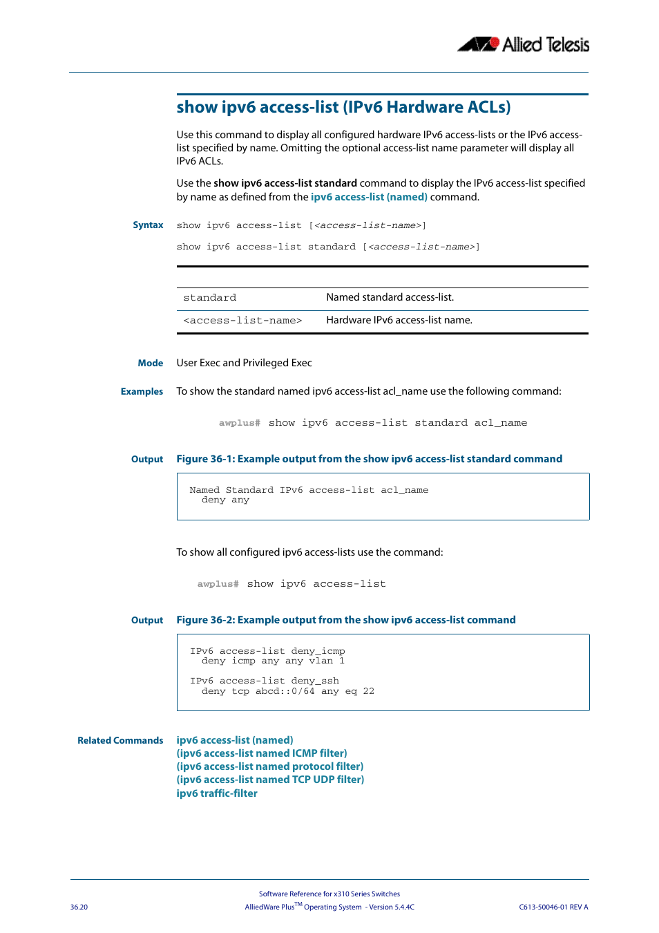 Show ipv6 access-list (ipv6 hardware acls) | Allied Telesis AlliedWare Plus Operating System Version 5.4.4C (x310-26FT,x310-26FP,x310-50FT,x310-50FP) User Manual | Page 952 / 2220