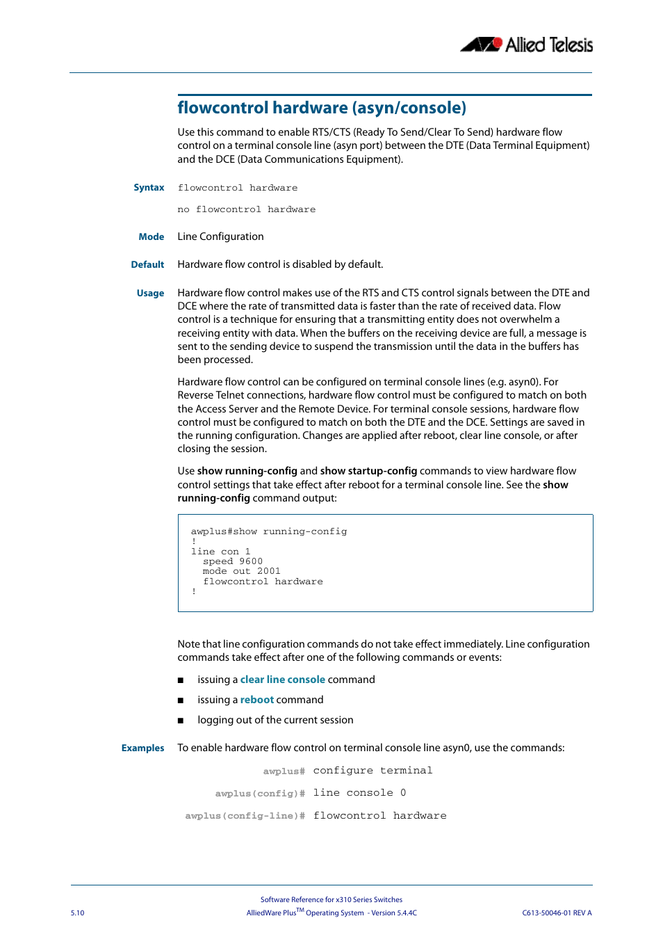 Flowcontrol hardware (asyn/console) | Allied Telesis AlliedWare Plus Operating System Version 5.4.4C (x310-26FT,x310-26FP,x310-50FT,x310-50FP) User Manual | Page 96 / 2220