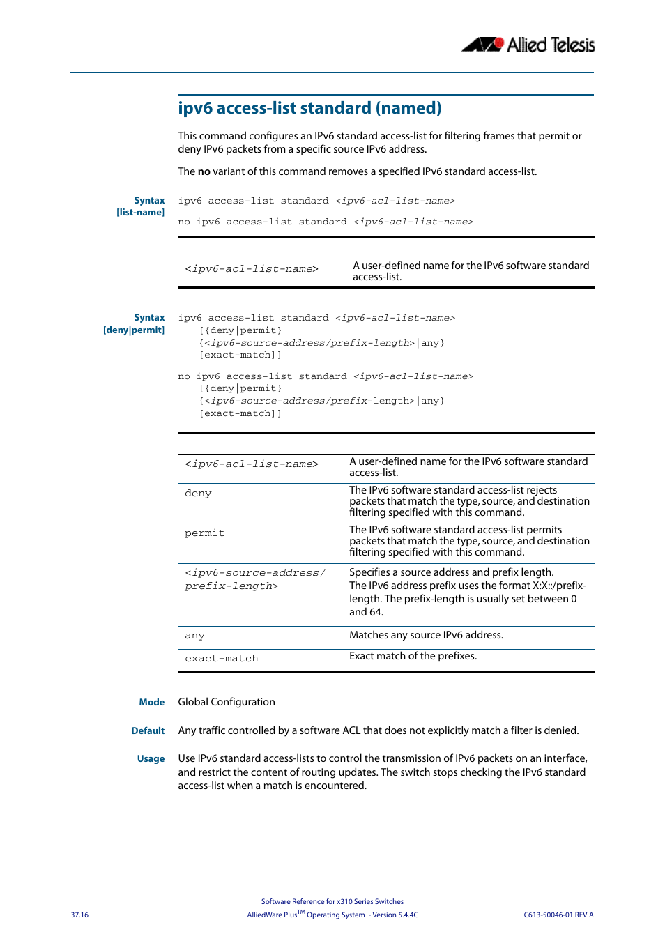Ipv6 access-list standard (named) | Allied Telesis AlliedWare Plus Operating System Version 5.4.4C (x310-26FT,x310-26FP,x310-50FT,x310-50FP) User Manual | Page 968 / 2220