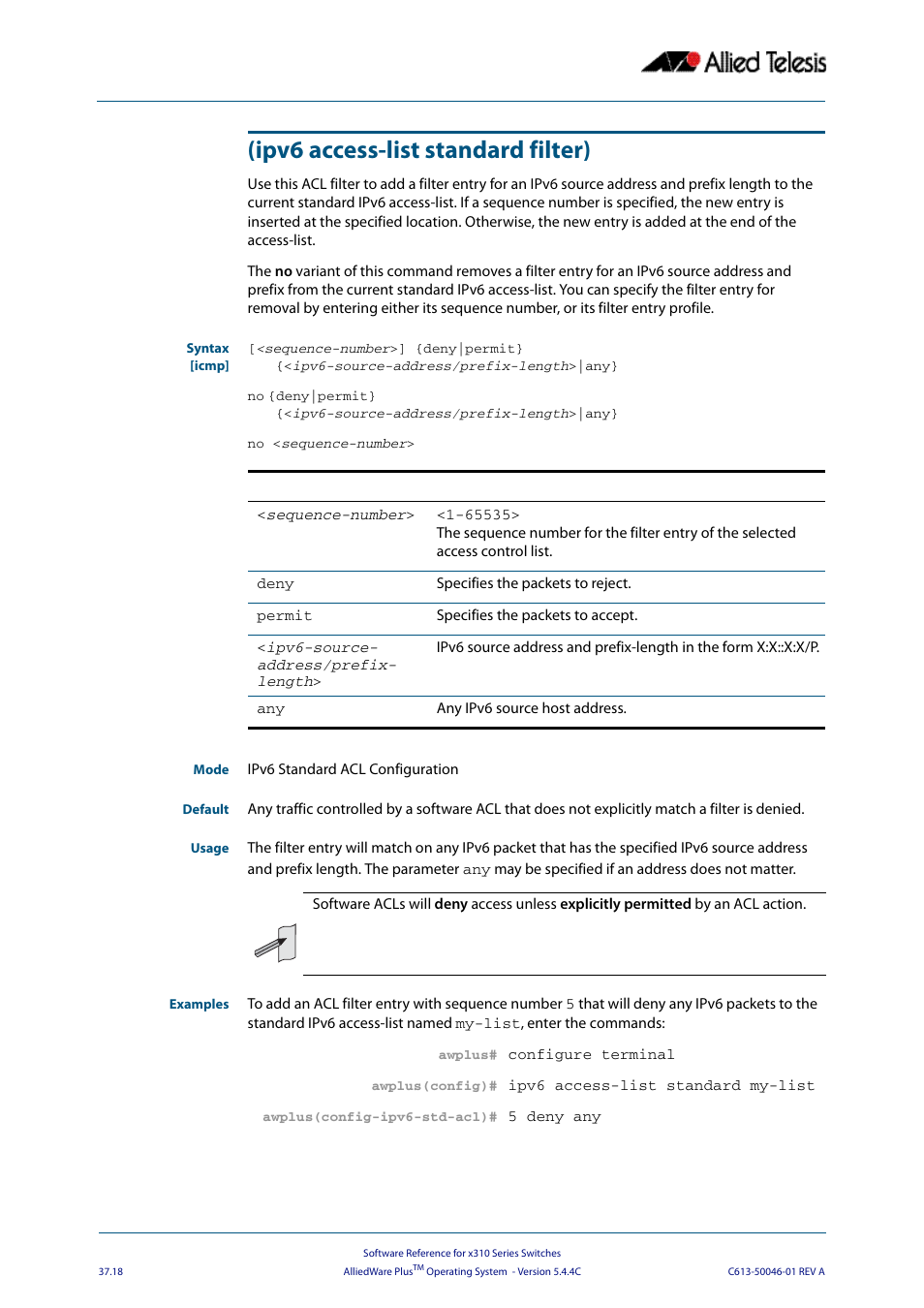 Ipv6 access-list standard filter) | Allied Telesis AlliedWare Plus Operating System Version 5.4.4C (x310-26FT,x310-26FP,x310-50FT,x310-50FP) User Manual | Page 970 / 2220