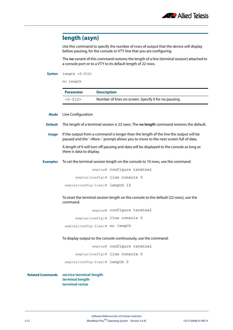 Length (asyn) | Allied Telesis AlliedWare Plus Operating System Version 5.4.4C (x310-26FT,x310-26FP,x310-50FT,x310-50FP) User Manual | Page 98 / 2220