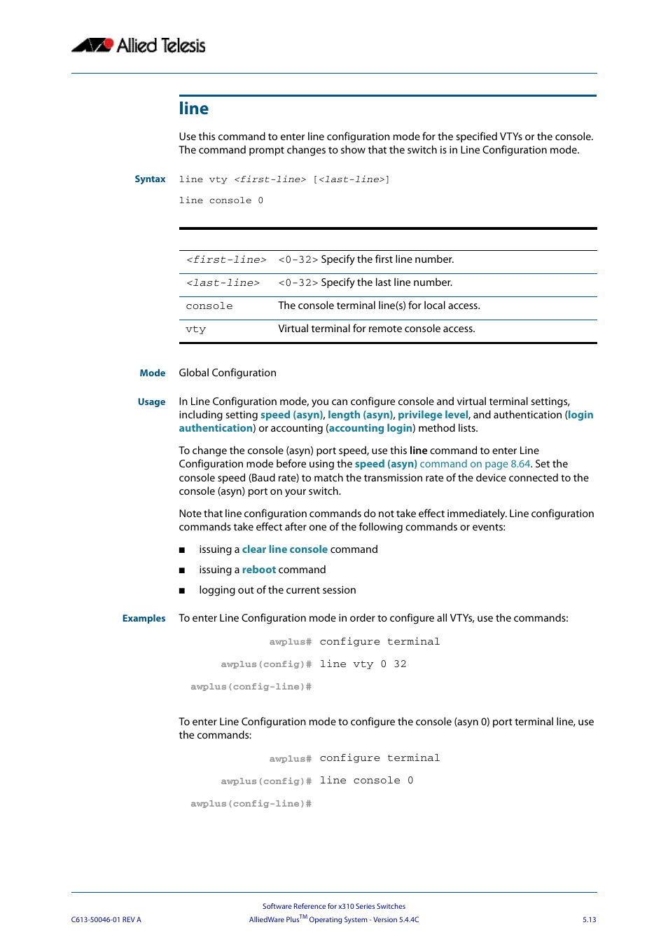 Line | Allied Telesis AlliedWare Plus Operating System Version 5.4.4C (x310-26FT,x310-26FP,x310-50FT,x310-50FP) User Manual | Page 99 / 2220