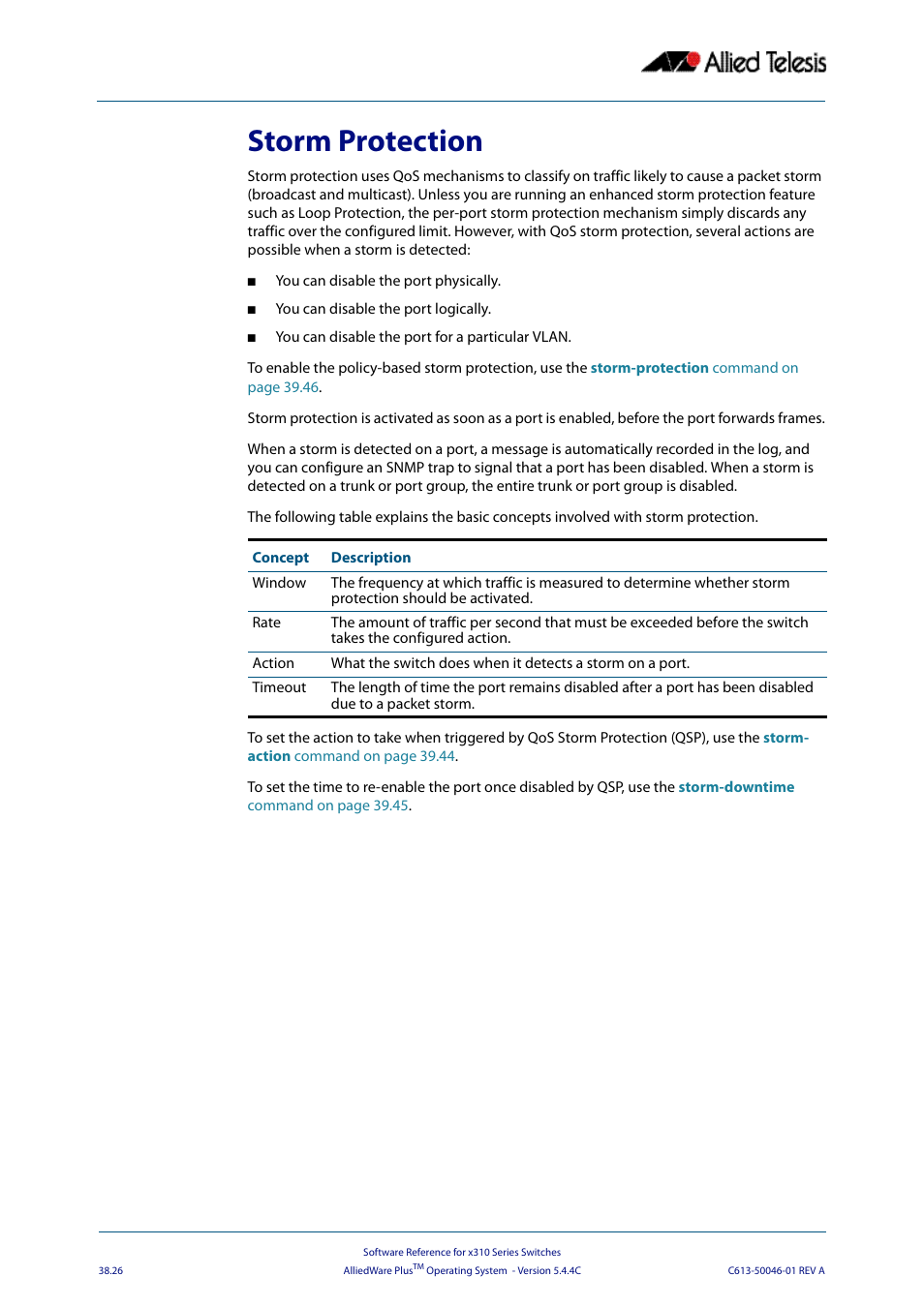 Storm protection | Allied Telesis AlliedWare Plus Operating System Version 5.4.4C (x310-26FT,x310-26FP,x310-50FT,x310-50FP) User Manual | Page 998 / 2220