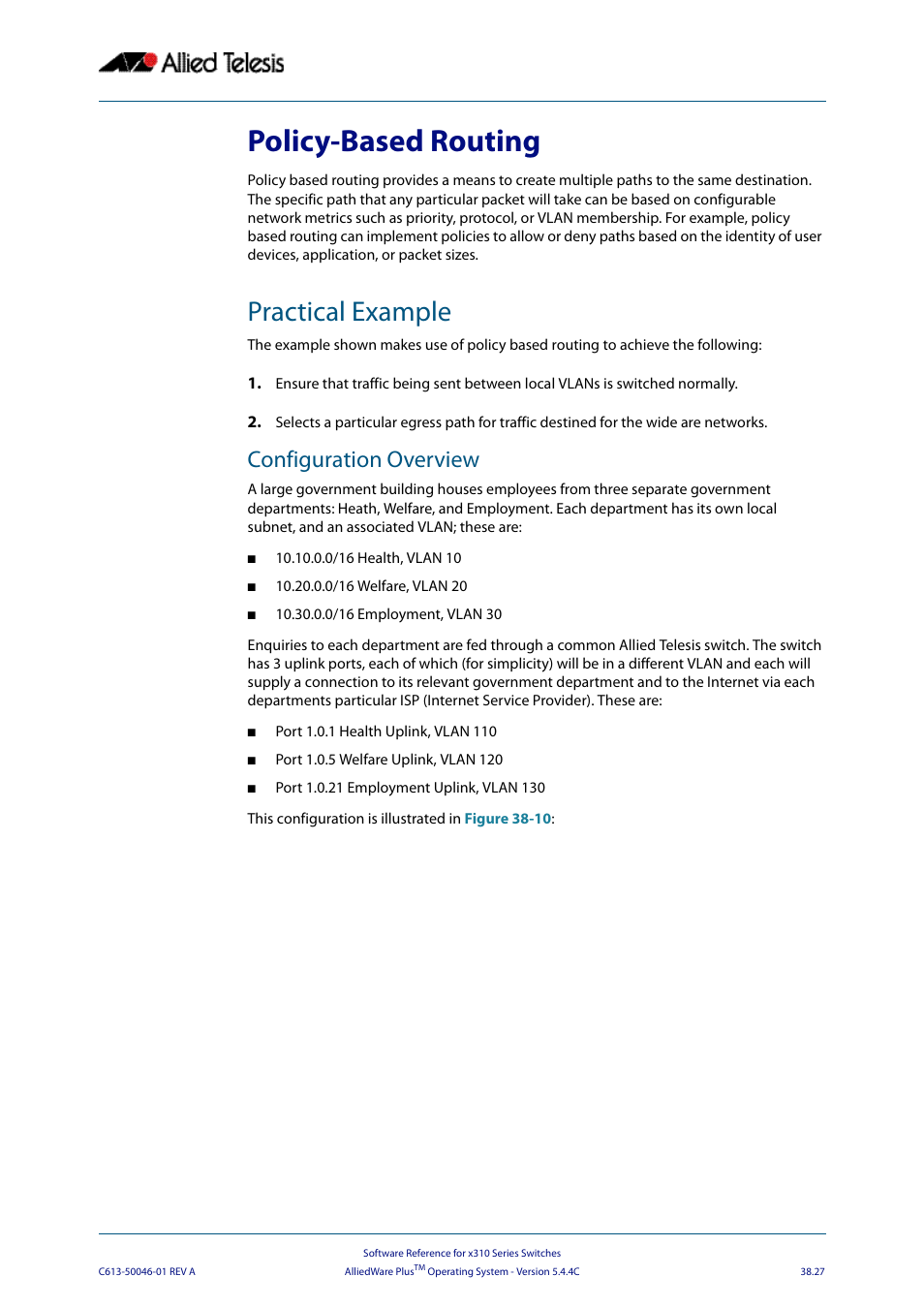 Policy-based routing, Practical example, Configuration overview | Allied Telesis AlliedWare Plus Operating System Version 5.4.4C (x310-26FT,x310-26FP,x310-50FT,x310-50FP) User Manual | Page 999 / 2220