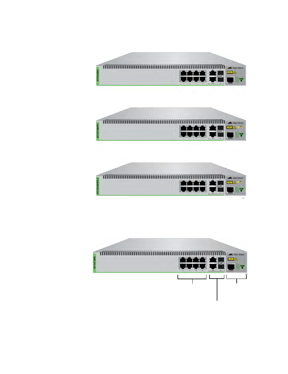 Front panels, Front panel components, Front panels front panel components | Gure 1: front panels of the 8-port fs970m switches | Allied Telesis FS970M Series User Manual | Page 20 / 106