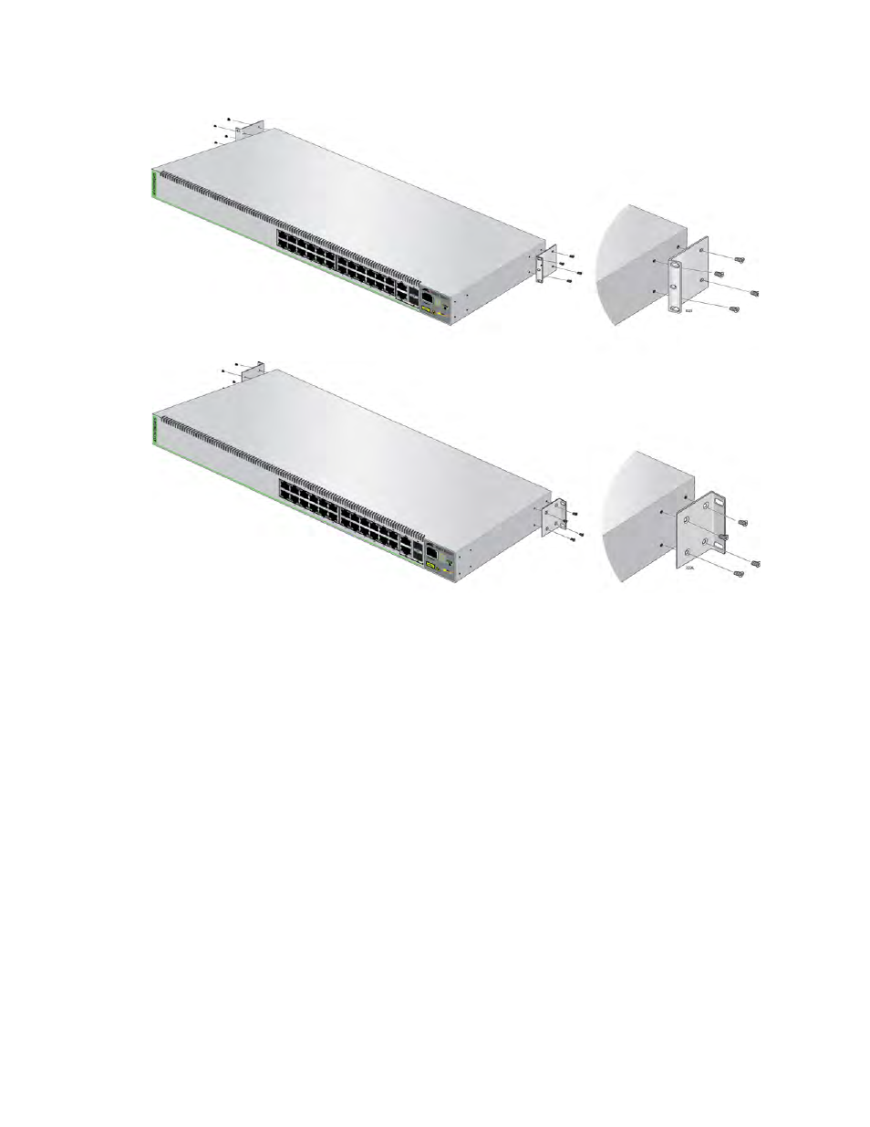 Attaching the equipment rack brackets (continued) | Allied Telesis FS970M Series User Manual | Page 67 / 106