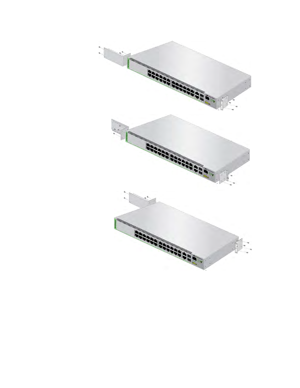 Attaching the equipment rack brackets | Allied Telesis FS970M Series User Manual | Page 68 / 106