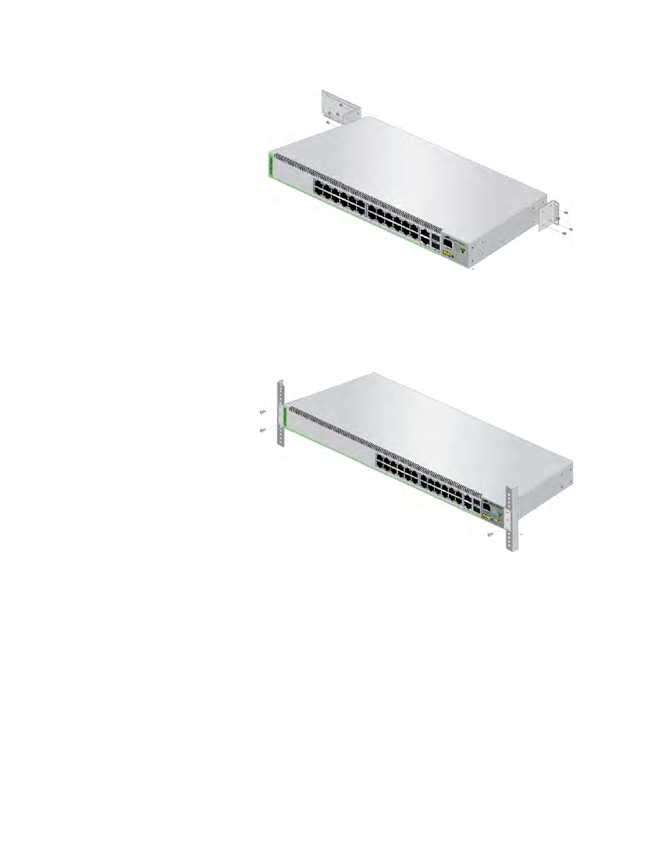 Attaching the equipment rack brackets (continued), Mounting the switch in an equipment rack | Allied Telesis FS970M Series User Manual | Page 69 / 106