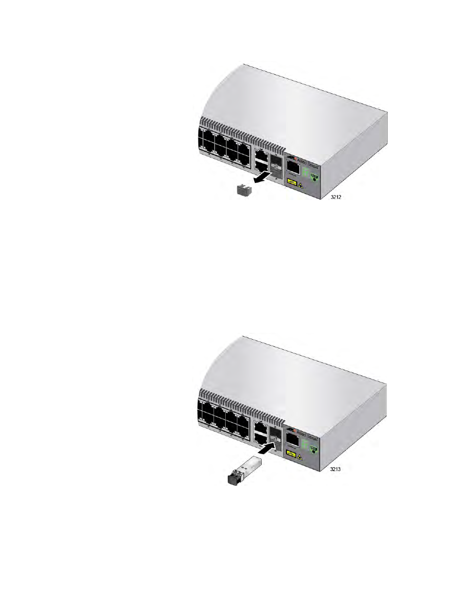 Removing the dust plug from an sfp slot, Installing an sfp transceiver | Allied Telesis FS970M Series User Manual | Page 75 / 106