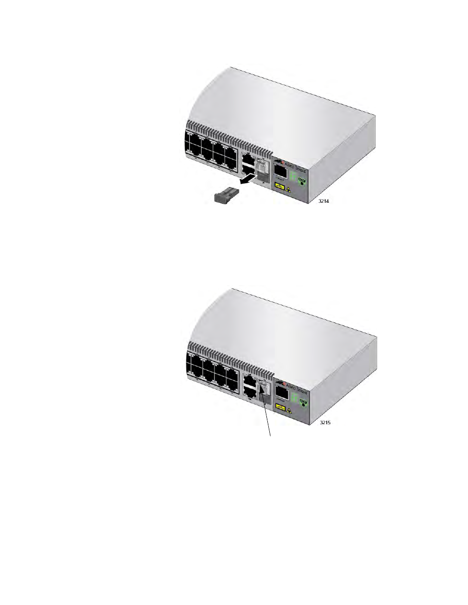 Removing the dust cover from the sfp module, Positioning the sfp handle in the upright position | Allied Telesis FS970M Series User Manual | Page 76 / 106