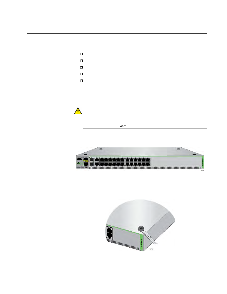 Installing the switch in an equipment rack, Turning the switch upside down, Removing the rubber feet | Allied Telesis 8100S Series User Manual | Page 71 / 116