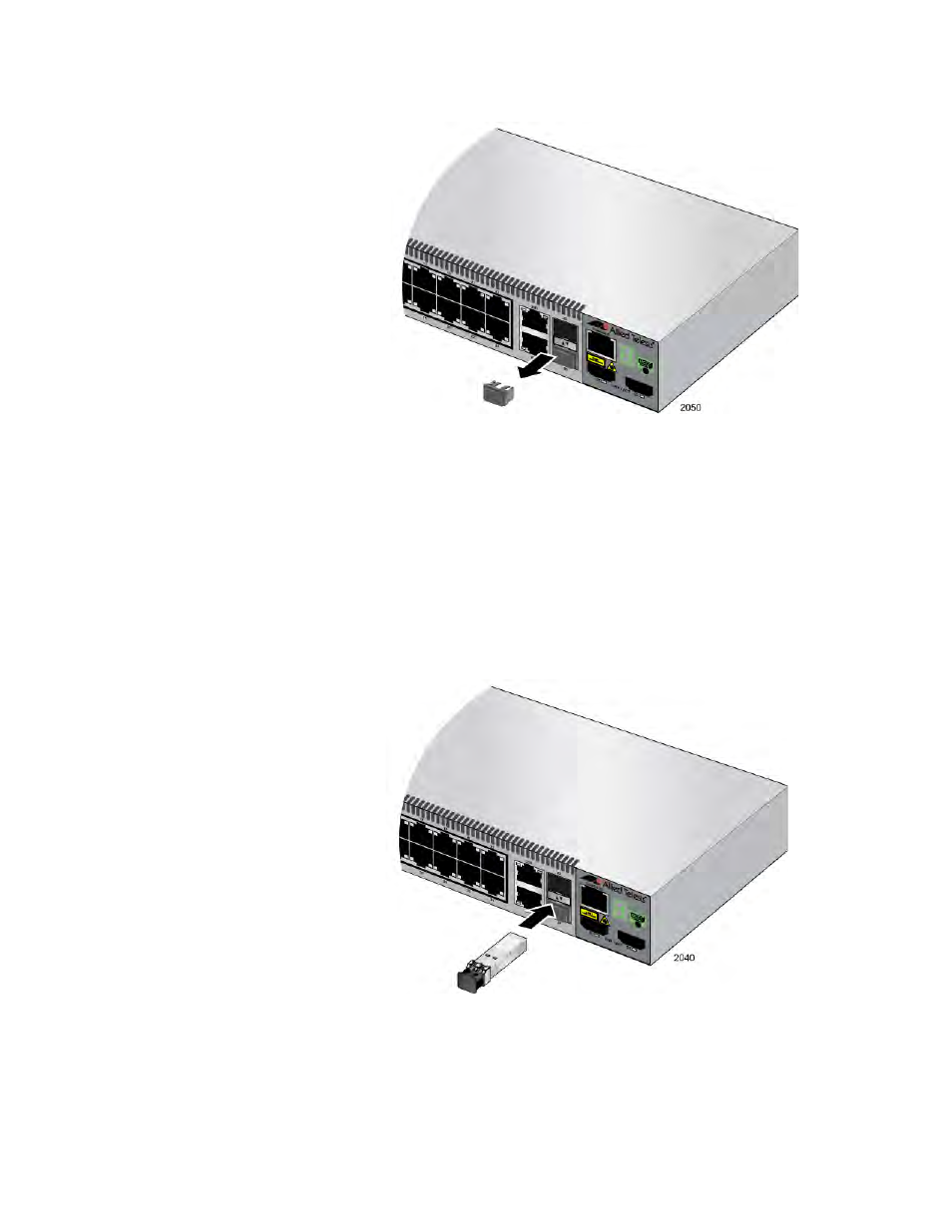 Removing the dust plug from an sfp slot, Installing an sfp transceiver | Allied Telesis 8100S Series User Manual | Page 81 / 116