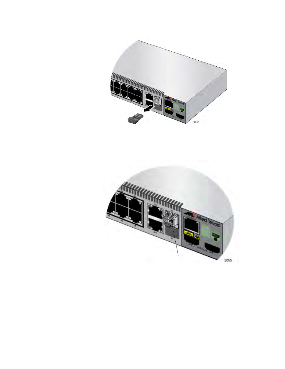 Removing the dust cover from the sfp module, Positioning the sfp handle in the upright position | Allied Telesis 8100S Series User Manual | Page 82 / 116