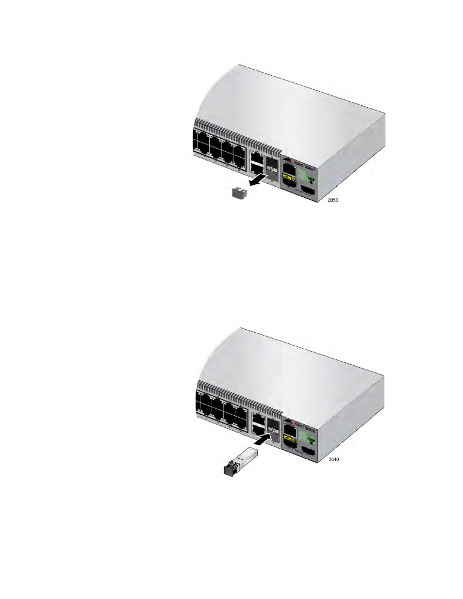 Removing the dust plug from an sfp slot, Installing an sfp transceiver | Allied Telesis 8100S Series User Manual | Page 107 / 140