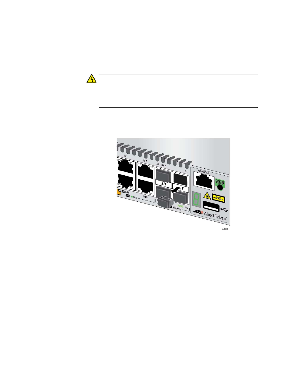 Cabling switches with at-stackxs/1.0 transceivers, Figure 37: removing the dust plug from the s1 slot | Allied Telesis x310 Series User Manual | Page 84 / 120