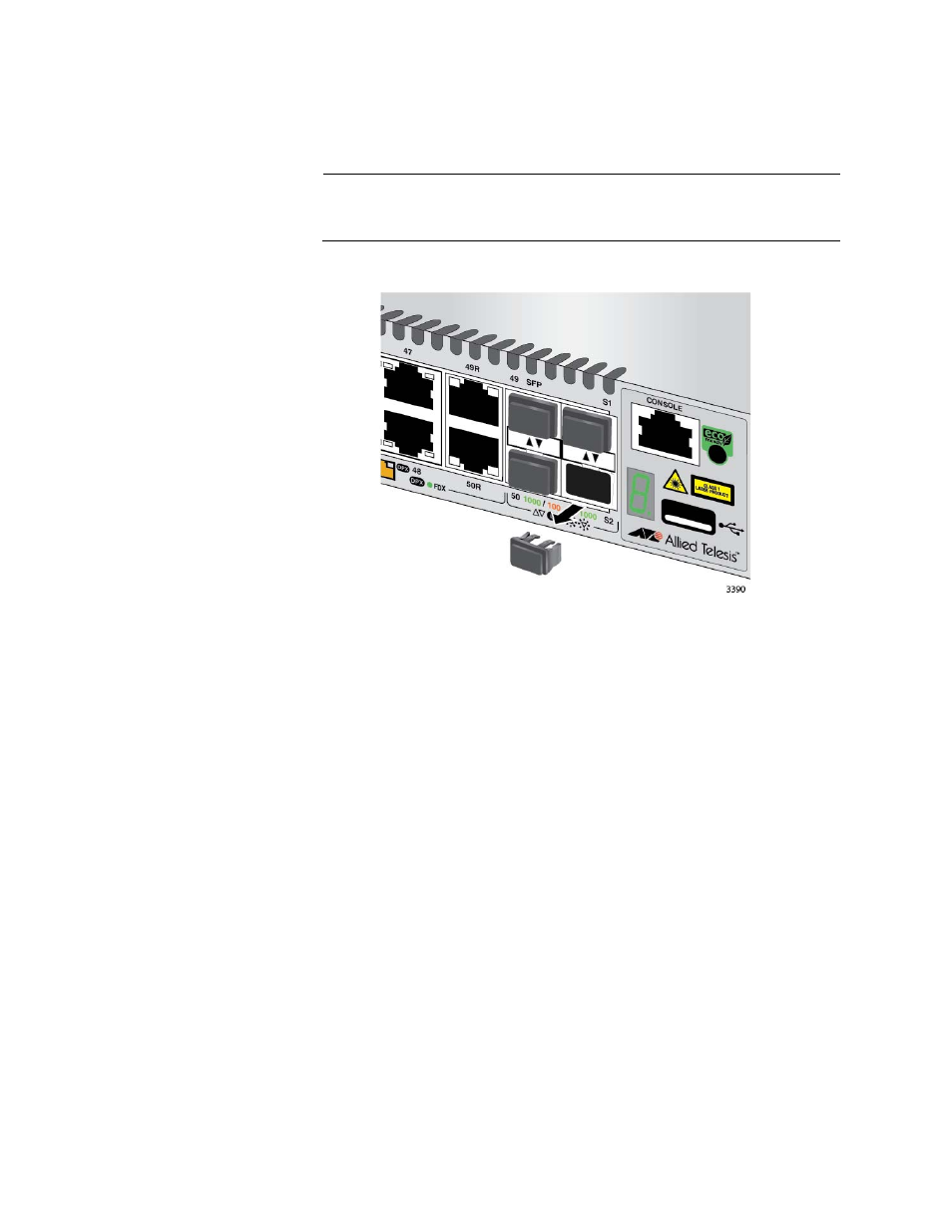 Figure 40: removing the dust plug from the s2 slot | Allied Telesis x310 Series User Manual | Page 86 / 120