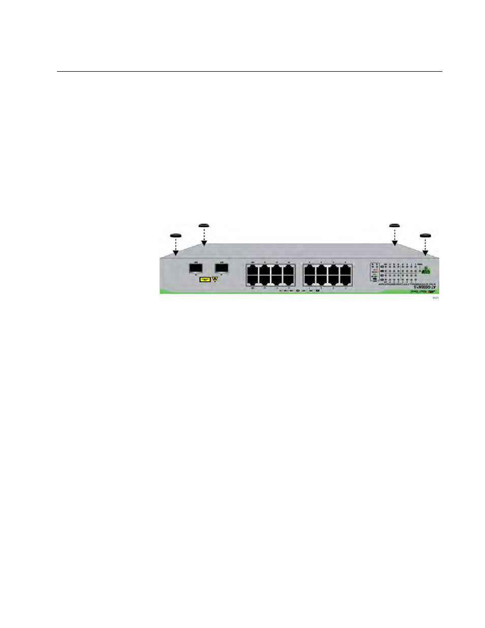 Installing the switch on a desktop, Gure 6: attaching the rubber feet | Allied Telesis AT-GS950/48 User Manual | Page 31 / 52