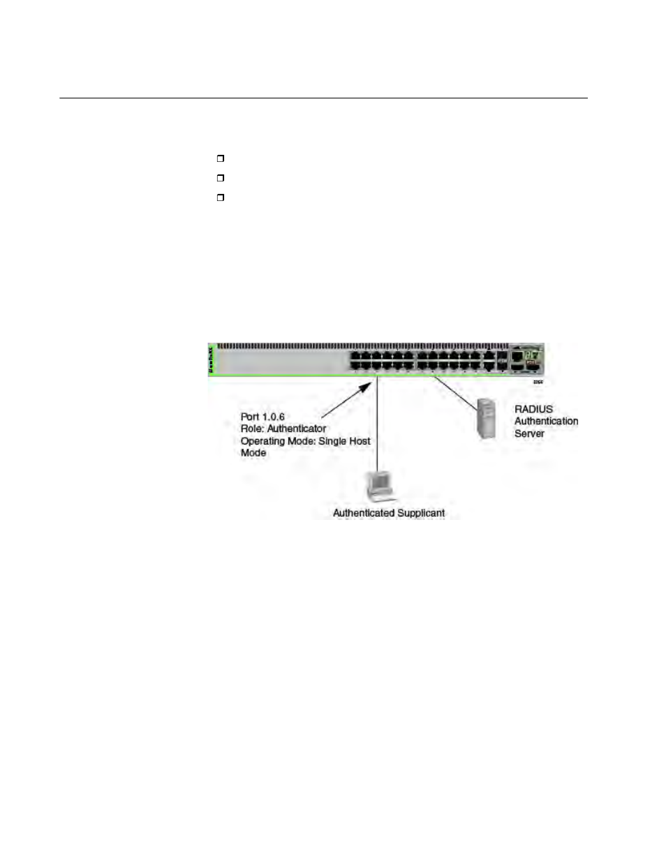 Operating modes for authenticator ports, Single-host mode, Multi-host mode | Operating modes for authenticator ports 8, Single-host mode 8 multi-host mode 8, Single-host mode 6 | Allied Telesis AT-8100 Series User Manual | Page 1068 / 1962