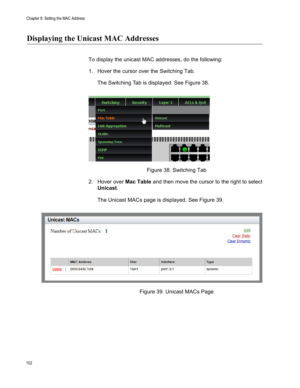 Displaying the unicast mac addresses | Allied Telesis AT-8100 Series User Manual | Page 102 / 330