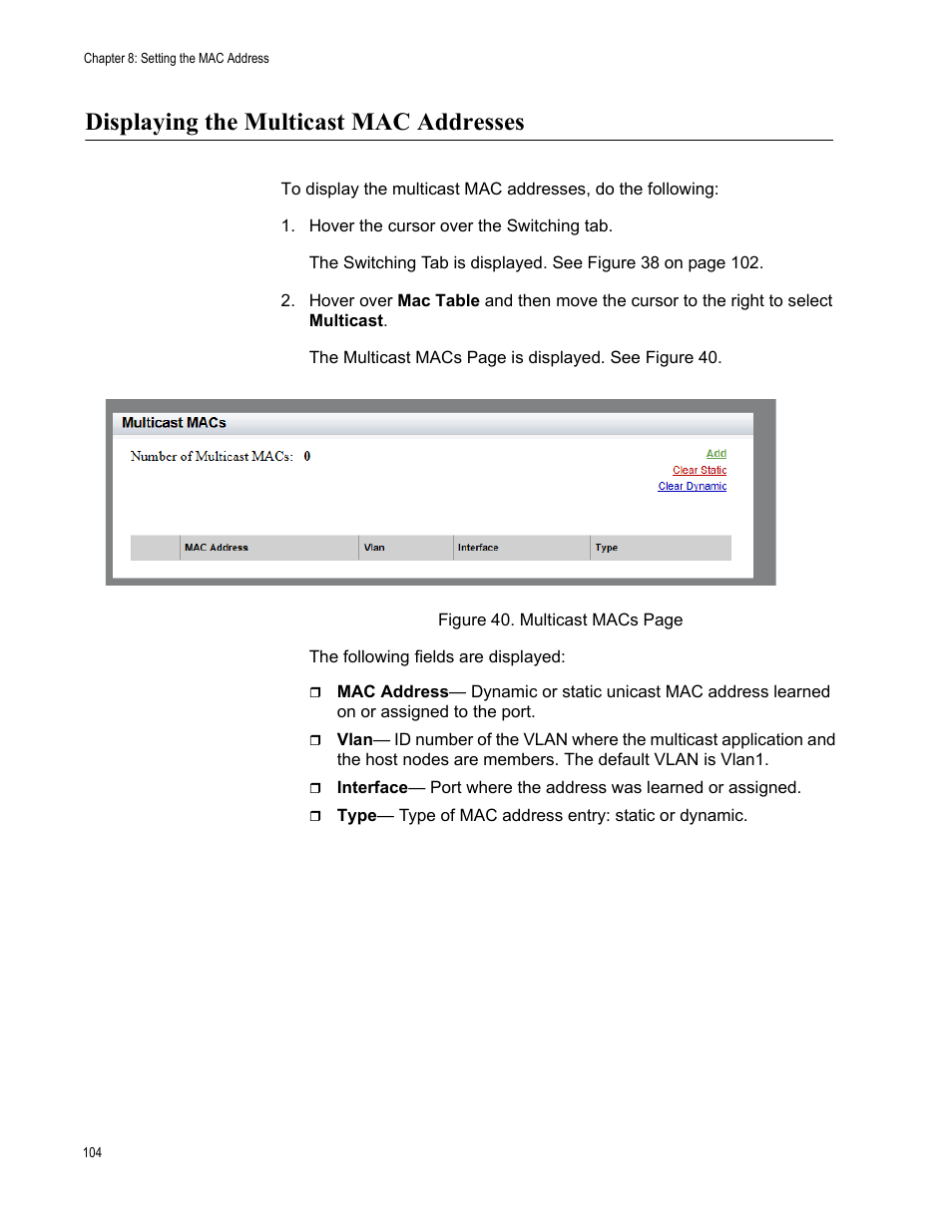 Displaying the multicast mac addresses | Allied Telesis AT-8100 Series User Manual | Page 104 / 330