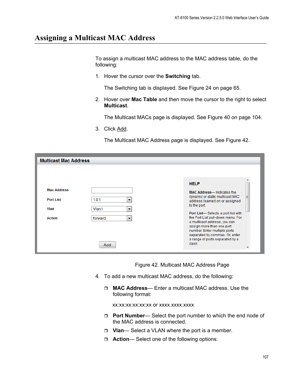 Assigning a multicast mac address | Allied Telesis AT-8100 Series User Manual | Page 107 / 330