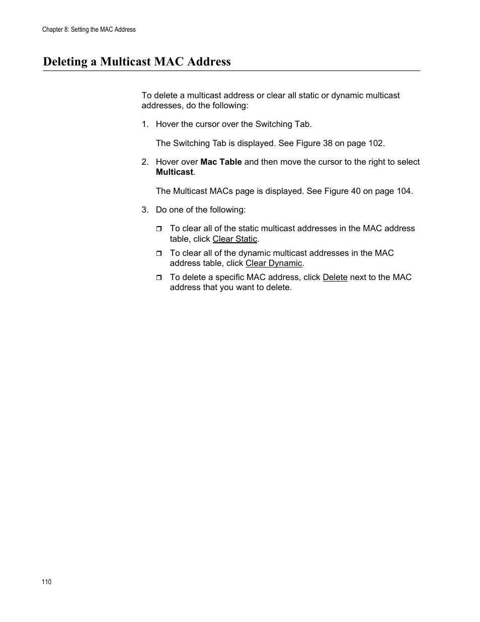 Deleting a multicast mac address | Allied Telesis AT-8100 Series User Manual | Page 110 / 330