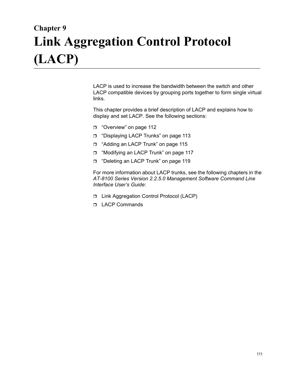 Chapter 9, Link aggregation control protocol (lacp), R 9: link aggregation control protocol (lacp) | Allied Telesis AT-8100 Series User Manual | Page 111 / 330