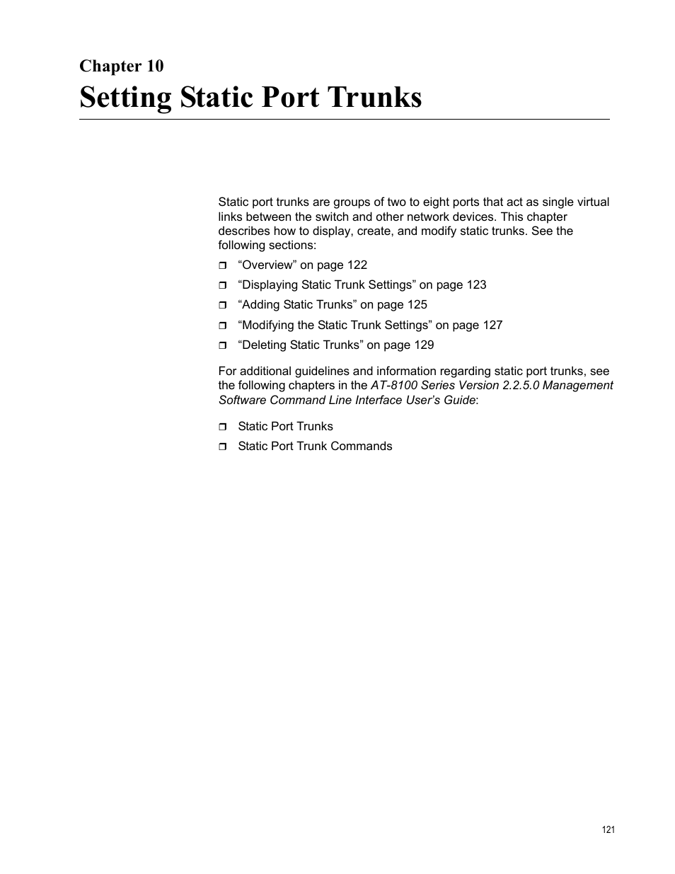 Chapter 10, Setting static port trunks | Allied Telesis AT-8100 Series User Manual | Page 121 / 330