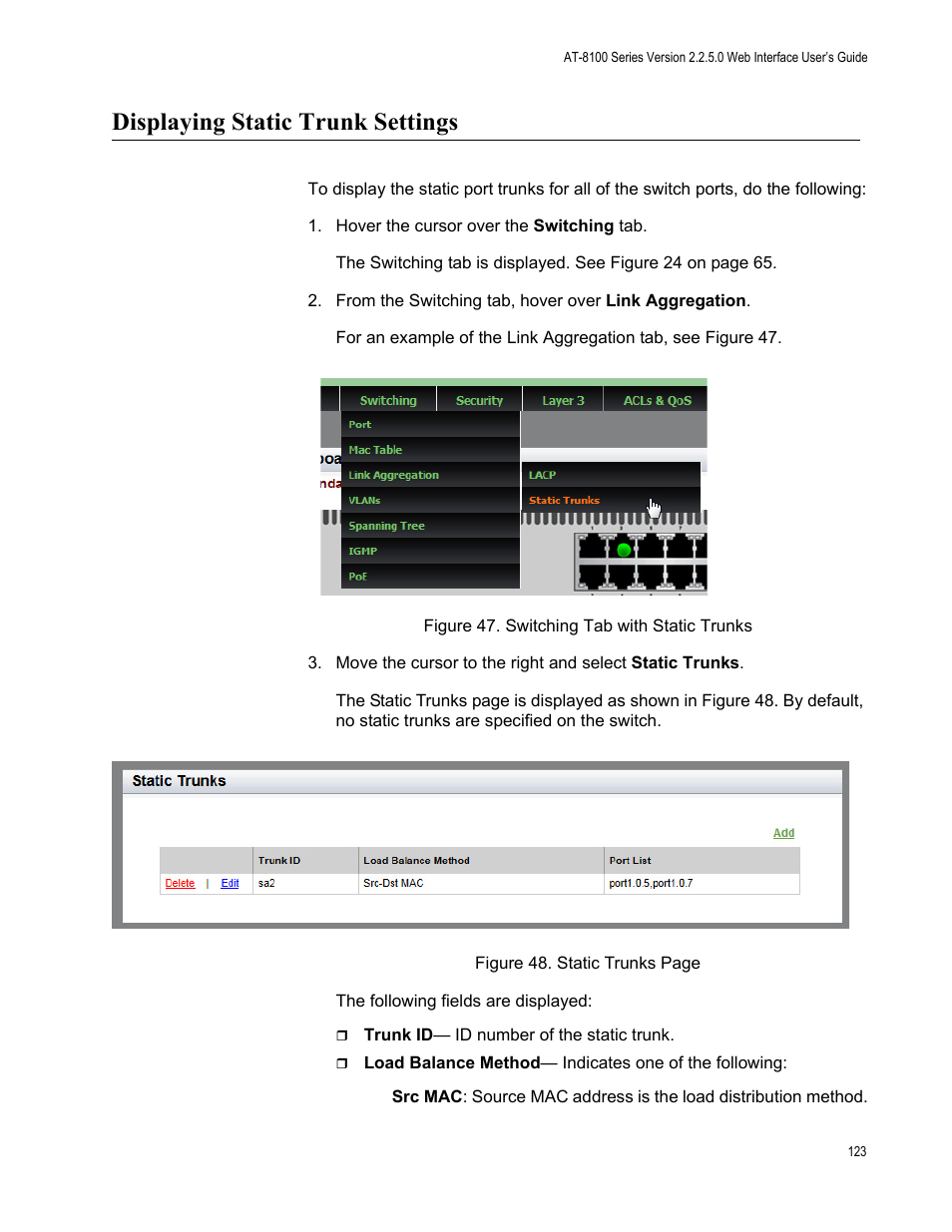 Displaying static trunk settings | Allied Telesis AT-8100 Series User Manual | Page 123 / 330