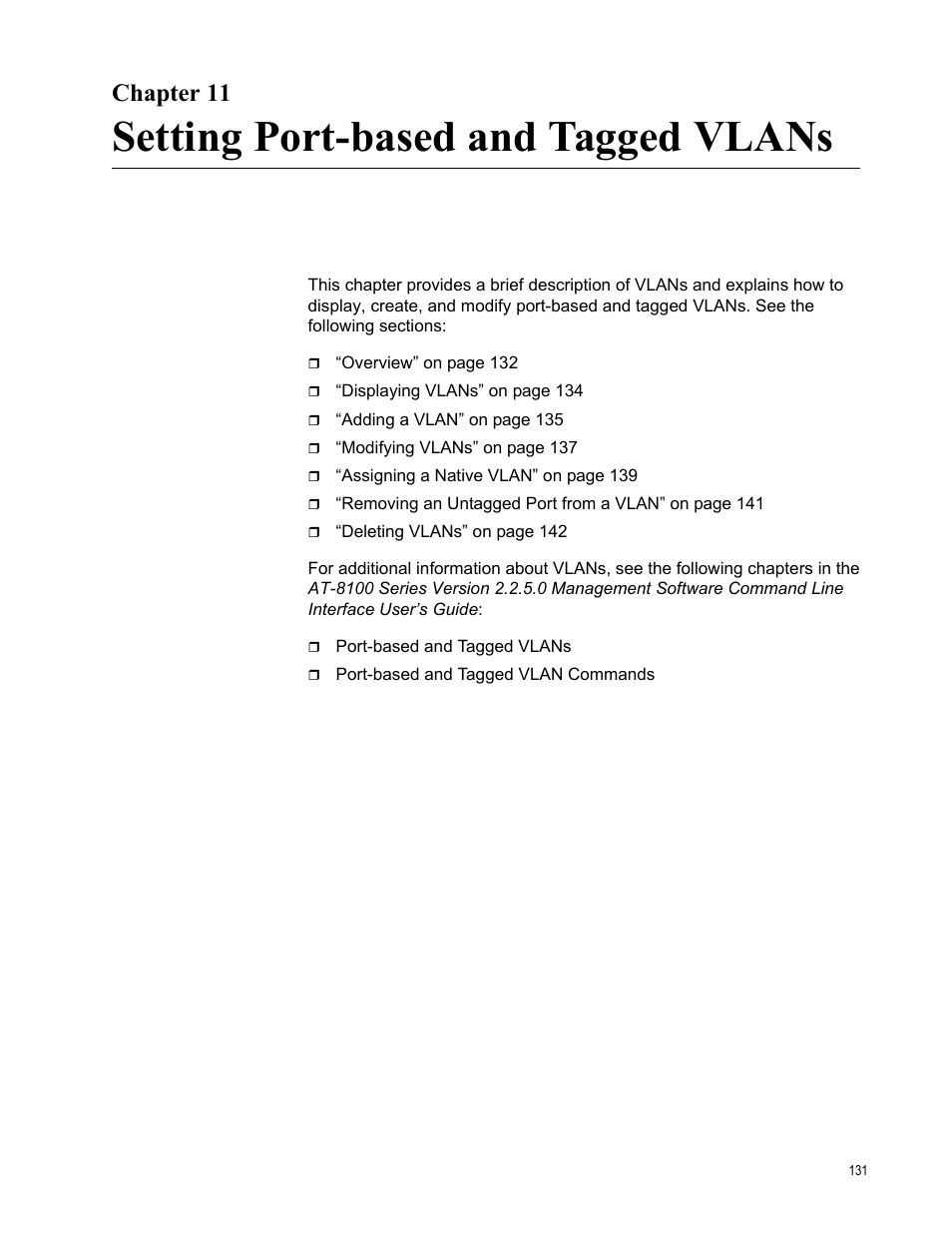 Chapter 11, Setting port-based and tagged vlans | Allied Telesis AT-8100 Series User Manual | Page 131 / 330