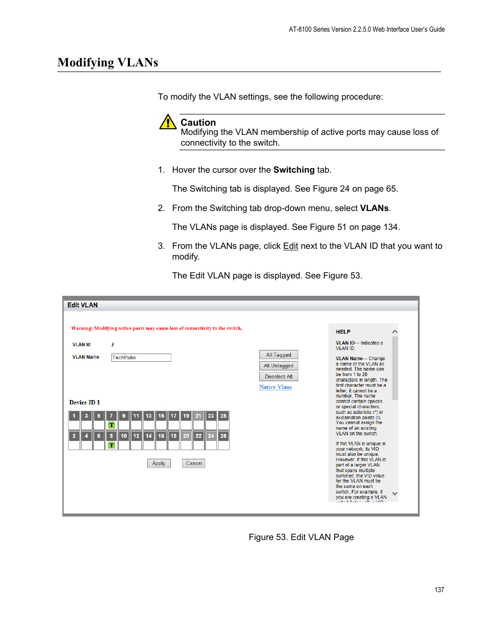 Modifying vlans | Allied Telesis AT-8100 Series User Manual | Page 137 / 330