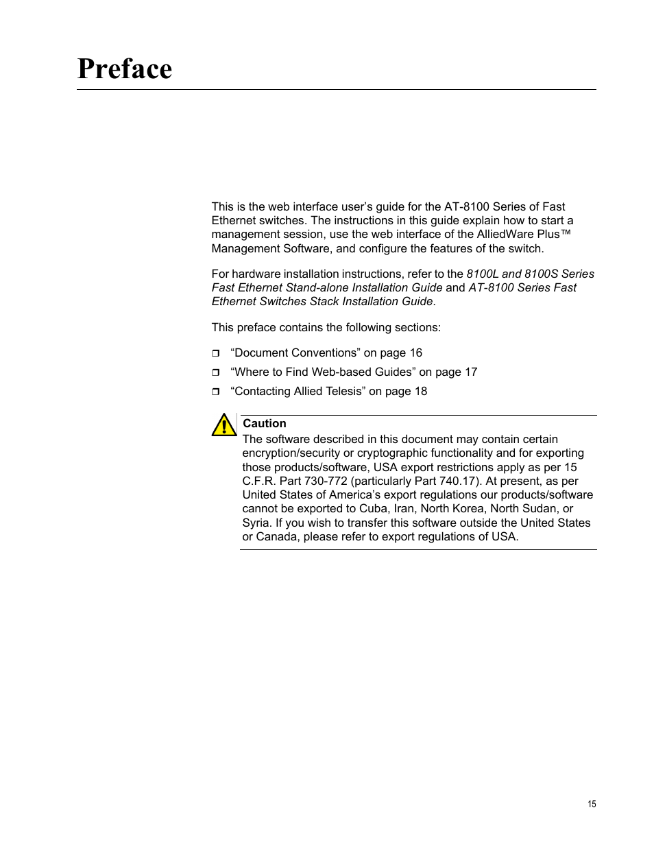 Preface | Allied Telesis AT-8100 Series User Manual | Page 15 / 330