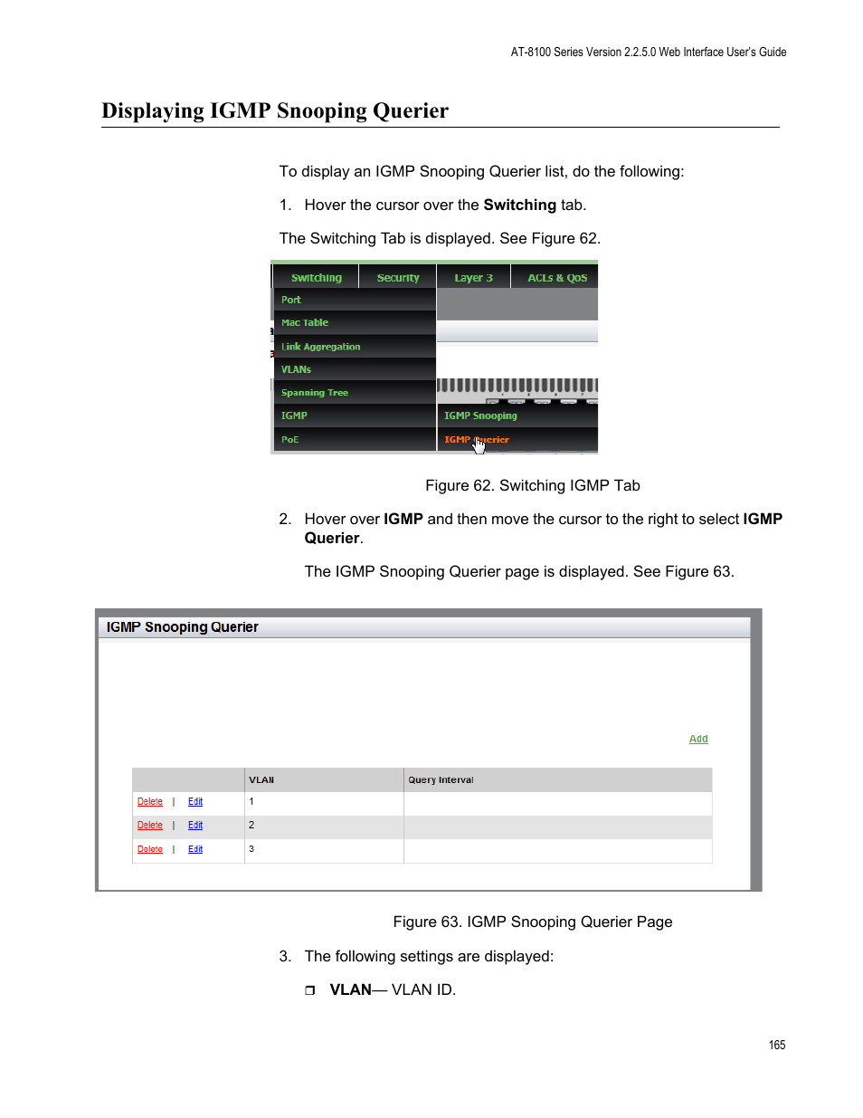 Displaying igmp snooping querier | Allied Telesis AT-8100 Series User Manual | Page 165 / 330