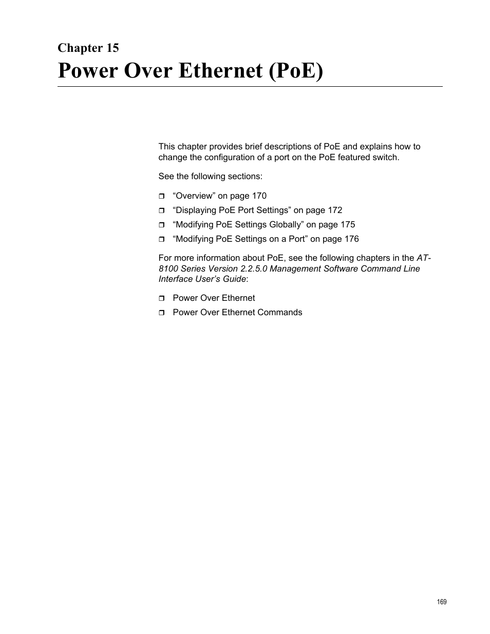 Chapter 15, Power over ethernet (poe) | Allied Telesis AT-8100 Series User Manual | Page 169 / 330