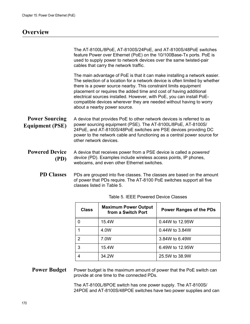 Overview, Power sourcing equipment (pse), Powered device (pd) | Pd classes, Power budget | Allied Telesis AT-8100 Series User Manual | Page 170 / 330