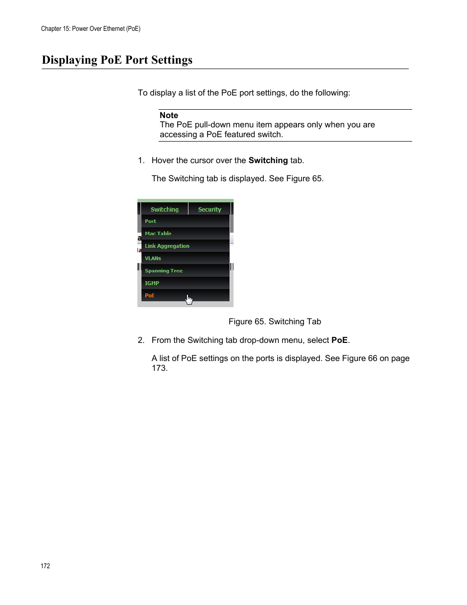 Displaying poe port settings, Figure 65: switching tab | Allied Telesis AT-8100 Series User Manual | Page 172 / 330