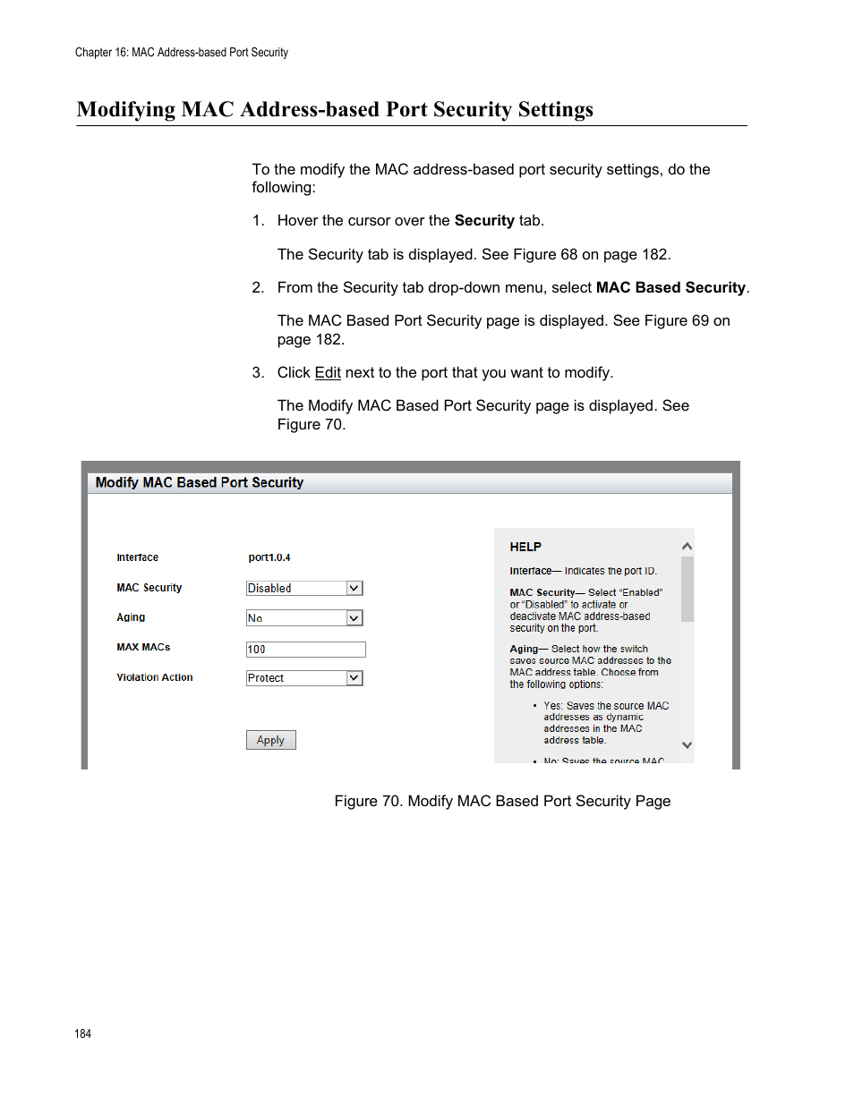 Modifying mac address-based port security settings | Allied Telesis AT-8100 Series User Manual | Page 184 / 330