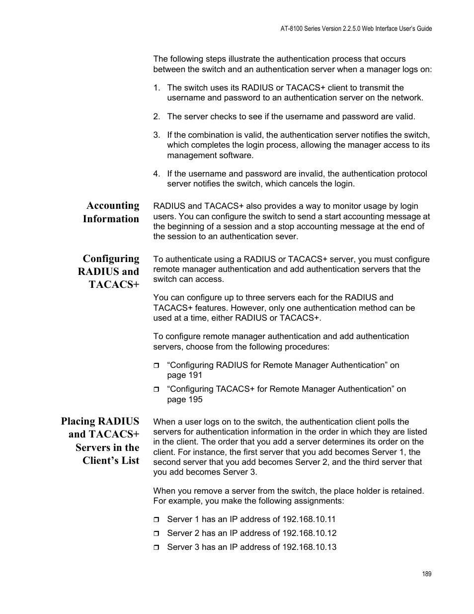 Accounting information, Configuring radius and tacacs | Allied Telesis AT-8100 Series User Manual | Page 189 / 330