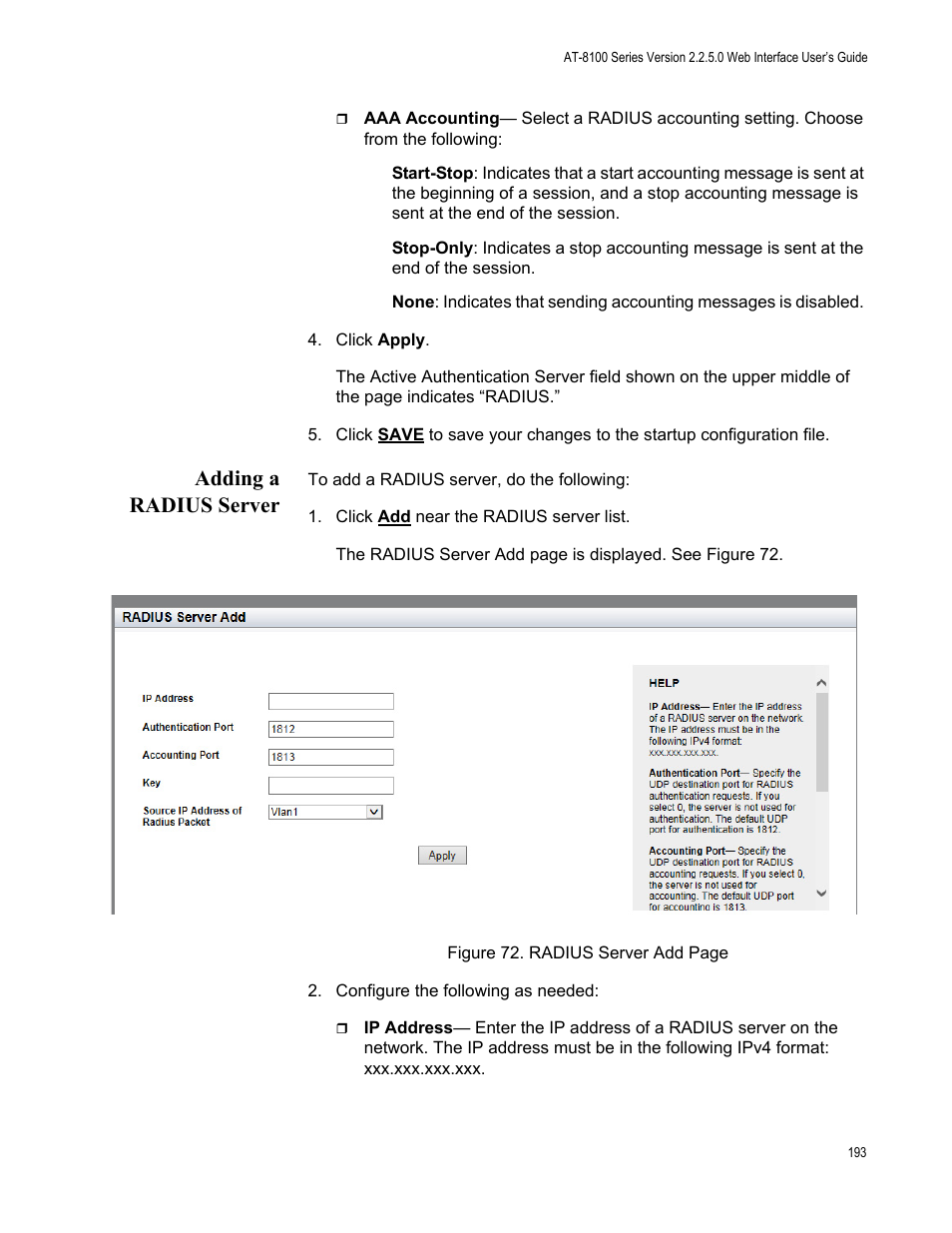 Adding a radius server | Allied Telesis AT-8100 Series User Manual | Page 193 / 330