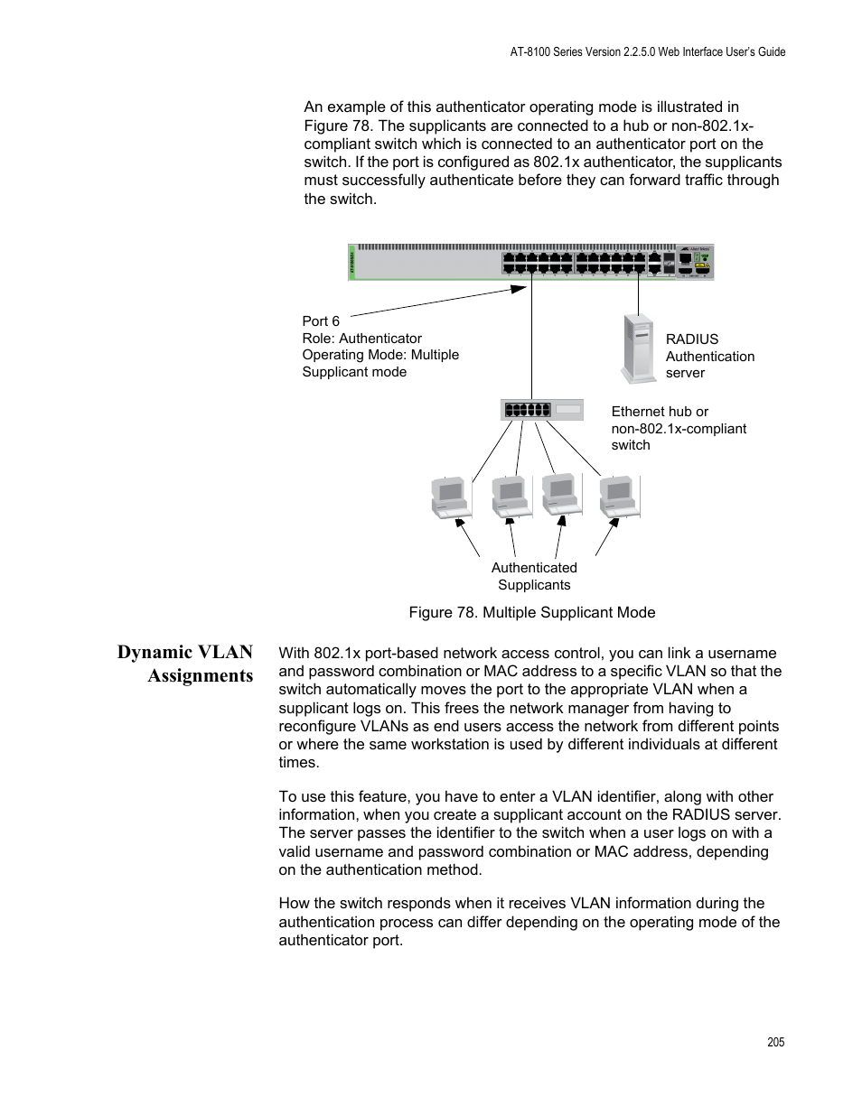 Dynamic vlan assignments, Figure 78: multiple supplicant mode | Allied Telesis AT-8100 Series User Manual | Page 205 / 330